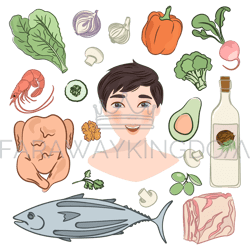 keto man healthy food nutrition family vector illustration set