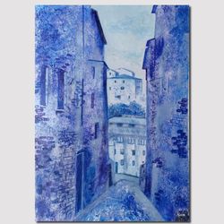 Original handmade acrylic painting Blue twilight in the old town Cityscape Wall Art  Painting Living room Wall decor