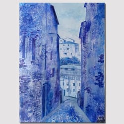 original handmade acrylic painting blue twilight in the old town cityscape wall art painting living room wall decor