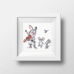 funny bunny with violin cross stitch pattern cross stitch chart for home decor and gift, instant download pdf, png files