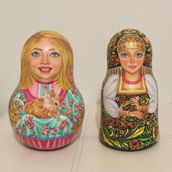 Nevalyashka Russian Girl with Rabbit - music roly poly wooden doll hand painted