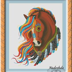 Amerindian Mustang (brown). Cross Stitch Pattern. Cross Stitch Design. Digital. PDF. Saga.