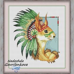 amerindian squirrel. cross stitch pattern. cross stitch design. digital. pdf. saga.