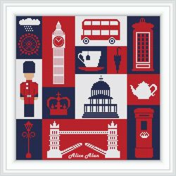 Cross stitch pattern Sampler city London country England panel tea umbrella counted crossstitch patterns Download PDF
