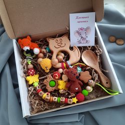 Personalized baby shower favor gift box cat & smile - wooden rattle & pacifier clip with name, custom baby box for girl