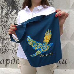 shopper van gogh starry night. cotton shopping bag with hand-painted vincent van gogh's starry night. starry night bird