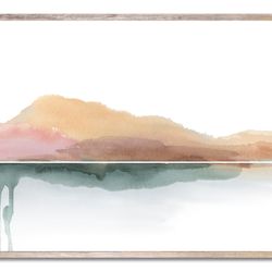 sunset mountain art print mountain lake watercolor painting minimalist abstract landscape art terracotta and sage green