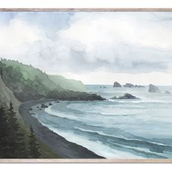 Moody Coastal Art Print Pines Beach Watercolor Painting La Push Beach Wall Art Olympic National Park Large Seascape Art