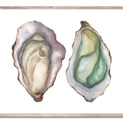 Oysters Art Print Coastal Watercolor Painting Oyster Shell Wall Art Aqua Blue Green and Beige Wall Decor