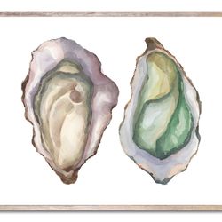 oysters art print coastal watercolor painting oyster shell wall art aqua blue green and beige wall decor