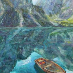 Lake landscape oil painting Seascape artwork boat painting