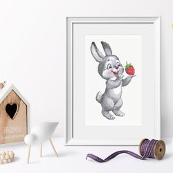 Funny Bunny with strawberry cross stitch pattern cross stitch chart for home decor and gift, Instant download PDF files