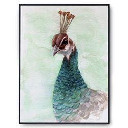 Peahen watercolor digital poster, peacock print for living room