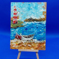 lighthouse seascape boat small painting ocean shore art mountain landscape summer art wall oil painting original artwork