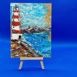 Seascape Lighthouse Small Painting Ocean Shore Art Mountain Landscape Summer Art Wall Oil Painting Original Artwork