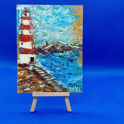 seascape lighthouse small painting ocean shore art mountain landscape summer art wall oil painting original artwork