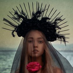 Black flowers woman adult headdress Gothic wedding Dark goddess headpiece Black wedding bridal tiara Halloween tiara