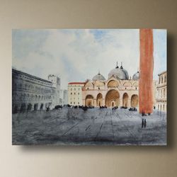 Piazza San Marco Painting Watercolor Art Cityscape 8x11"