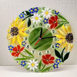 Wall fused glass clock with flowers - Summer theme fused modern clock - Fused glass art