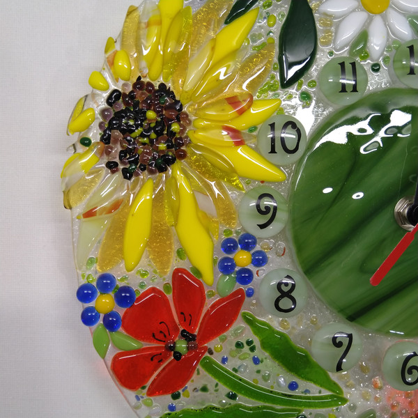Wall fused glass clock with flowers - Summer theme fused modern clock - Fused glass art