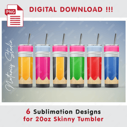 6 School Pencil Seamless Sublimation Patterns - 20oz SKINNY TUMBLER - Full Tumbler Wrap
