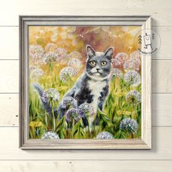 cat and dandelions, gray cat painting