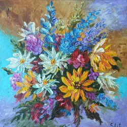 chrysanthemum flower art original art impasto oil painting flower small art 8 by 8 inches