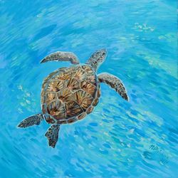Turtle painting Tortoise Original Art 16 by 16 Wildlife painting on canvas art square artwork by Natalia Plotnikova