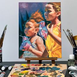 original fantasy cute girls portrait oil impasto painting, elf fairy colorful hummingbird bird acrylic canvas wall art