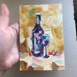 Wine Art  Painting Bottle Original Art Wine Glass Impasto Painting