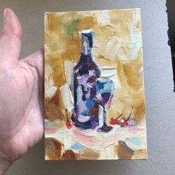 wine art  painting bottle original art wine glass impasto painting