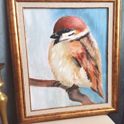 SPARROW Original oil painting paint art bird framed canvas handmade