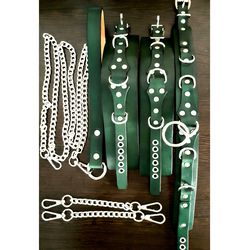 Dark green leather bondage set Bdsm collar Restraint wrist cuffs with chain leash and two snap chain connectors