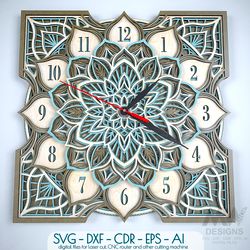 laser cut wall clock dxf, mandala clock, wooden clock, layered yoga clock, laser cut clock template - c16