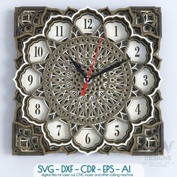 wall clock for laser cut, mandala clock dxf pattern, 3d clock svg dxf, layered yoga clock, laser cut clock template -c17