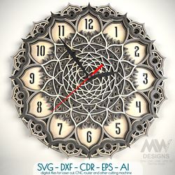 wall clock for laser cut, mandala clock dxf pattern, 3d clock svg dxf, layered clock, laser cut clock template - c19