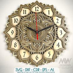 mandala clock dxf for laser cut, sacred clock svg, 3d clock svg dxf, layered clock, laser cut clock template - c20