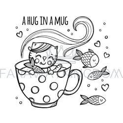 kitten and fish in mug cartoon clip art vector illustration set