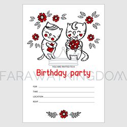 KITTEN INVITES BIRTHDAY Cat With Flowers Cartoon Text Banner