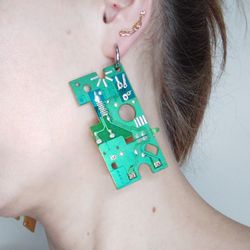 Large circuit board earrings recycled Computer board earrings Cyberpunk earrings rectangle Data chip earrings