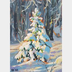 Christmas tree painting original oil Winter landscape wall art Snowy artwork 5"x7"