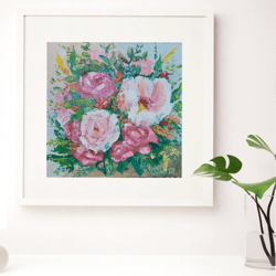 original oil painting flower bouquet with roses, peonies and tulips..  Interior painting, decor,gift