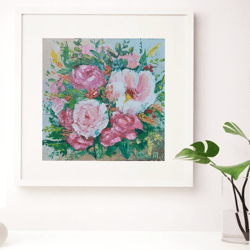 original oil painting flower bouquet with roses, peonies and tulips..  interior painting, decor,gift