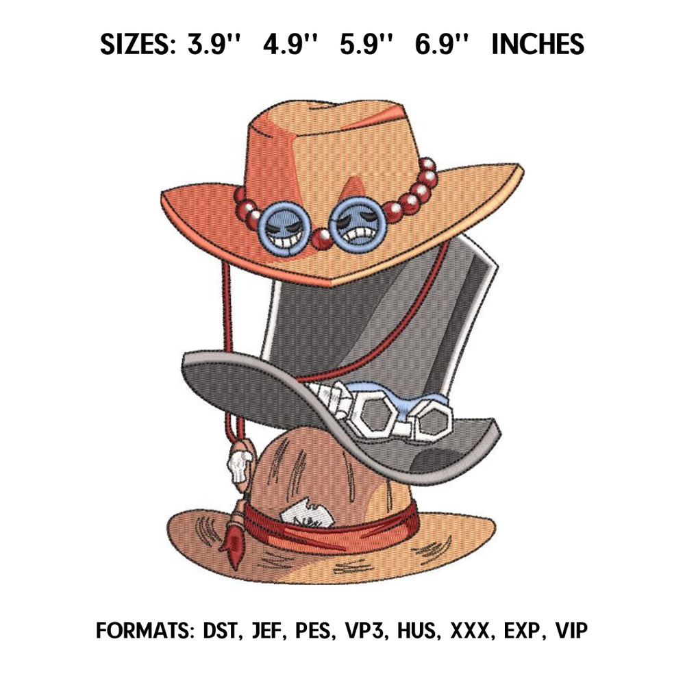Luffy Ace Sabo Hats Embroidery Design File Pes/ Anime design Naruto/ Embroidery Pattern. One piece embroidery design