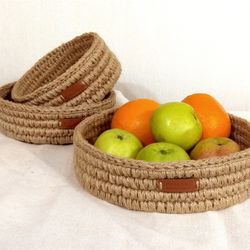 Round breakfast tray Crochet jute basket Serving dish Storage basket