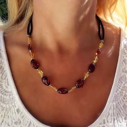 baltic amber choker necklace women's handmade gemstone jewelry beaded necklace on black suede cord birthday gift women