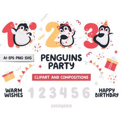 Penguin Clipart, Penguin SVG, Birthday SVG, Penguin PNG, Birthday PNG, Birthday Party