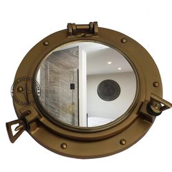 9 Inch Vintage and Antique Style Decorative Round Brass Porthole Wall Mirrors for Bedroom Living Room Pirate's Boat Deco