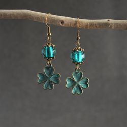 Four leaf clover earrings Bronze patina 4leaf clover teal handmade glass earrings Witchy magical jewelry St patricks day