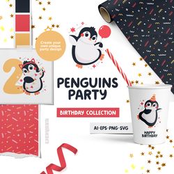 Penguin Clipart, Penguin SVG, Birthday SVG, Penguin PNG, Birthday PNG, Birthday Party, Penguins Party collection